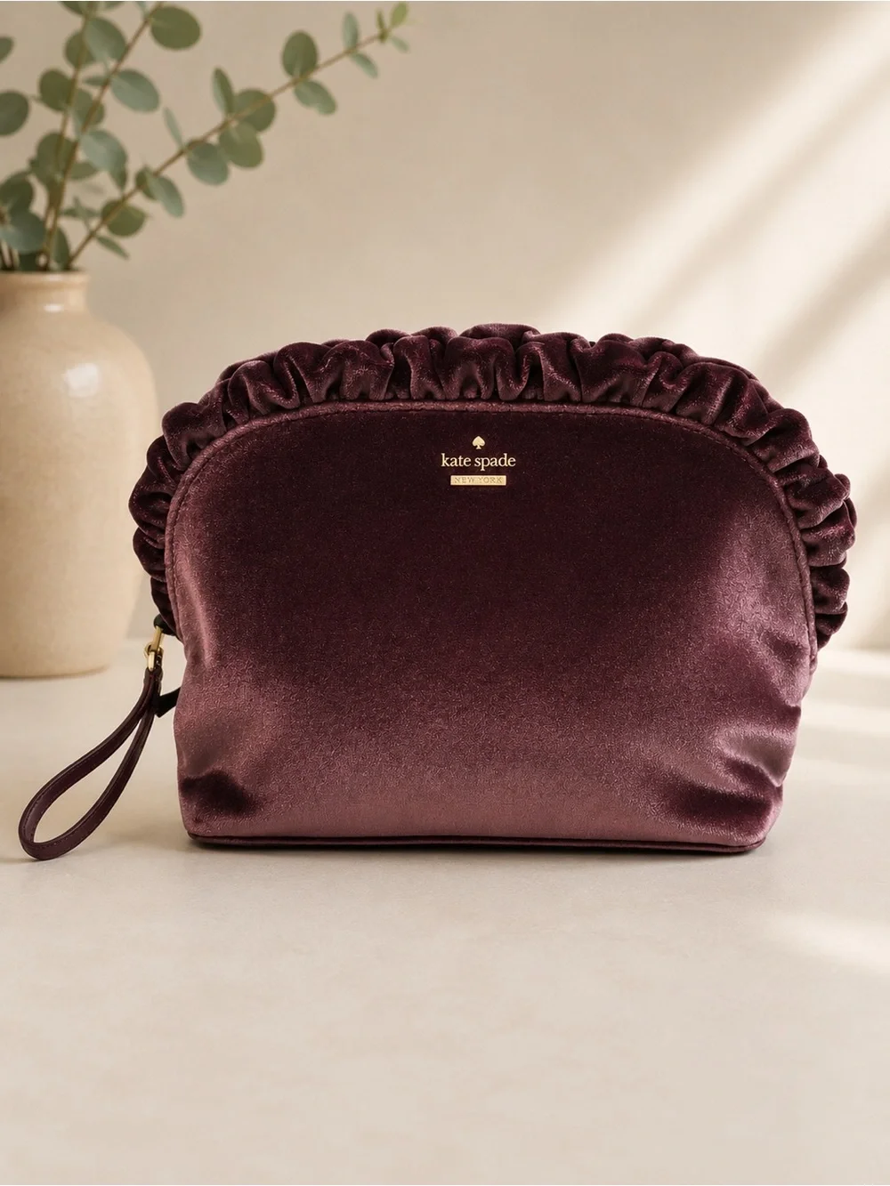 kate spade Velvet Ruffle Cosmetic Pouch in Plum Burgundy
